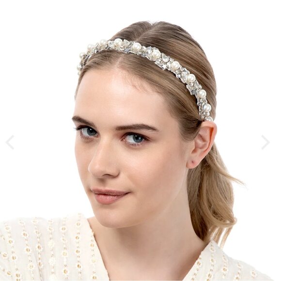 Deepa Gurnani Pearl & Rhinestone Headband Gold and Cream Bridal NWT - Picture 2 of 9
